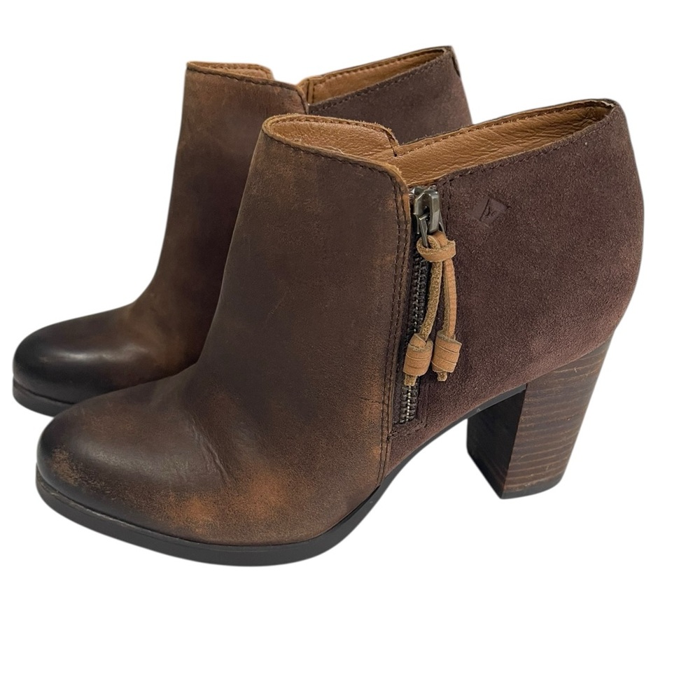Sperry Top-Sider Dasher Lillie Ankle Bootie Leather Brown Suede Heel 7.5 M